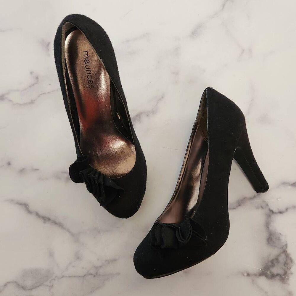 Maurices jet black suede chunky platform floral high heel pumps round toe 8